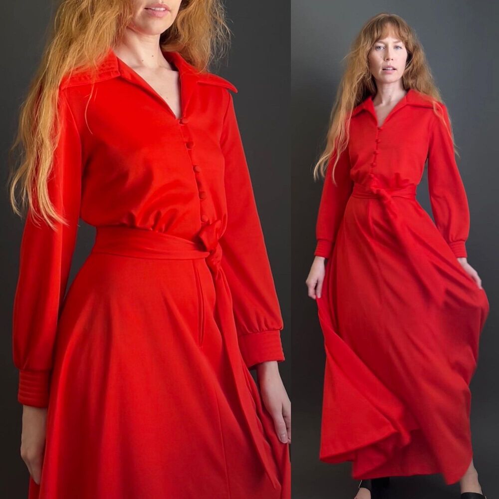 Vintage 1970s Wide Collar Red Shirtdress, Med Large
